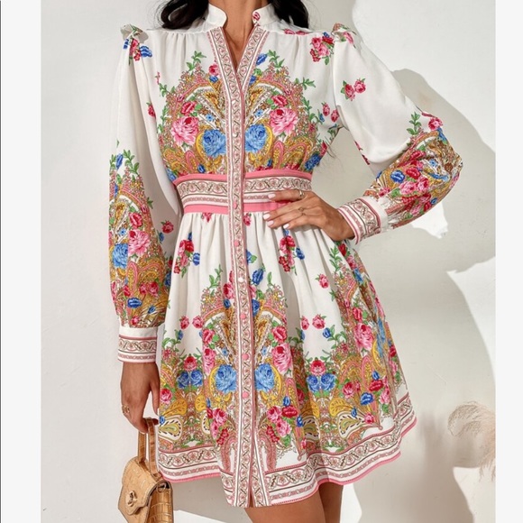 Boho Floral Paisley Print Puff Sleeve Open Front Dress - Picture 7 of 16